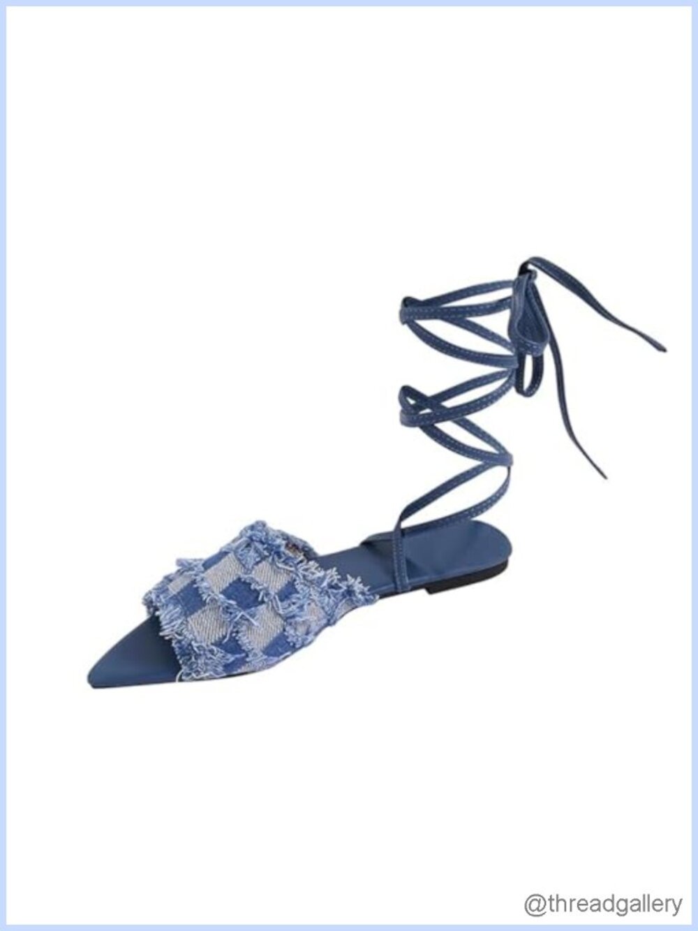 Pointed Toe Denim Strappy Sandals Tassel Checkered Flat Gladiator Slippers